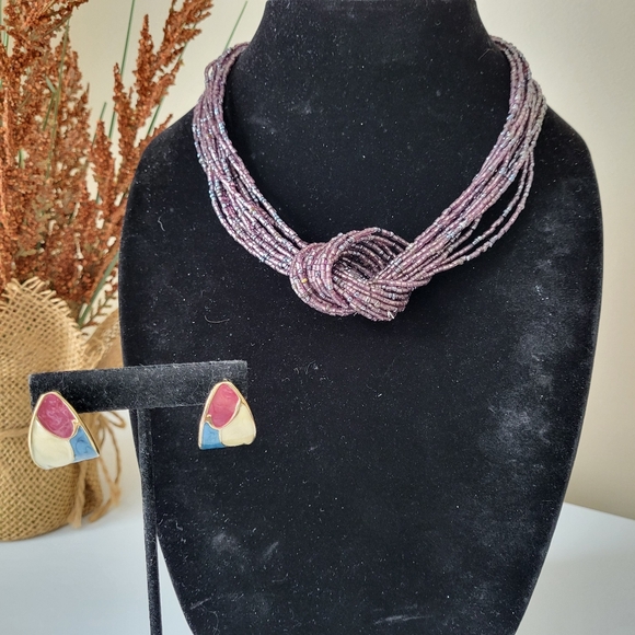 Purple Multistrand Knotted Seed Bead Necklace and Vintage Enamel Earrings - Picture 2 of 16